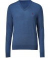 Elegant in derby blue merino wool, Ralph Laurens V-neck pullover is a great basic for this season and next - Embroidered logo, V-neckline, long sleeves, fine ribbed trim - Contemporary slim fit - Wear over shirts or tees with jeans, cords or chinos