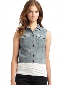 THE LOOKShirt collarButton-down placketSleevelessFlap front pocketsSlash side pocketsBack cutoutsTHE FITAbout 18 from shoulder to hemCroppedTHE MATERIALLeather; cotton liningCARE & ORIGINDry clean by a leather specialistImportedOUR FIT MODEL RECOMMENDS ordering one size up as this style runs small. 
