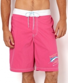 Reel in some serious beach style with these marlin graphic shorts with a bold pop of color from Nautica.