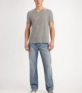 Genuine American style for the modern man, crafted with a relaxed fit in medium-wash denim that's perfect for transitioning between seasons. Subtle hand-sanding lends worn-in character to a new favorite fit. Five-pocket style Straight legs Sits higher on the waist Signature stitching on back pockets Inseam, about 33 9.25 oz. cotton denim Machine wash Made in USA 
