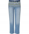 Stylish jeans in fine, blue cotton and silk blend - Supremely soft, lighter weight denim with gorgeous, yellow and white embroidery - Pale blue rinse has a chic, worn-in appeal - Roomy boyfriend cut crops at ankles - Crease detail lengthens and flatters the leg - Contrast darker waistband with belt loops and button closure - Slash pockets at sides, welt pockets at rear - Pair with a tunic top, silk tank or simple t-shirt and sandals