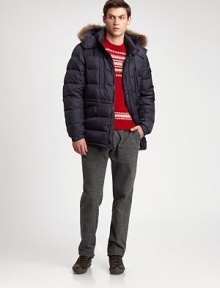 A removable hood trimmed with real coyote fur lends a flattering framework to a classic down parka style, shaped and quilted for a slimmer, modern fit.Zip frontSnap button placketAttached drawstring hoodChest welt, waist flap pocketsAbout 28 from shoulder to hemNylonDry cleanImportedFur origin: Canada
