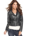 Kut from the Kloth's faux-leather jacket features a cropped silhouette and moto-inspired styling for a sleek look.