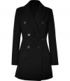 Sleek and sophisticated, this flattering wool coat pairs perfectly with a cocktail sheath or an off-duty ensemble - Large spread collar, double-breasted silhouette, front button placket, leather trimmed waistline and flap pockets, fitted - Wear with a sheath dress, platform pumps, and a clutch