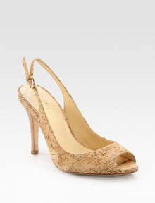 Modern cork peep toe has a stacked heel and an adjustable slingback strap. Stacked heel, 3½ (90mm)Cork upperLeather liningLeather and rubber solePadded insoleImportedOUR FIT MODEL RECOMMENDS ordering true size. 