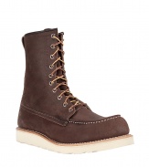 Stylish boots in dark brown suede leather - classic Work-Prairie-Boot by Red Wing which was worn by Steve McQueen at motorcycle races - very comfortable - high lacing - thick skid-free sole in typical color contrasting cream - perfect cool boots for fall and cold winter days - pairs with all casual outfits
