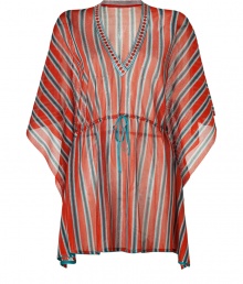 Make a glamorous poolside debut it Missonis radiant striped kaftan - V-neckline in front and back, draped 3/4 length sleeves, drawstring waistline, aquamarine stitched trim - Softly fitted with an adjustable drawstring waistline - Pair with a bikini, studded sandals and an oversized statement tote Make a glamorous poolside debut it Missonis radiant striped kaftan - V-neckline in front and back, draped 3/4 length sleeves, drawstring waistline, aquamarine stitched trim - Softly fitted with an adjustable drawstring waistline - Pair with a bikini, studded sandals and an oversized statement tote