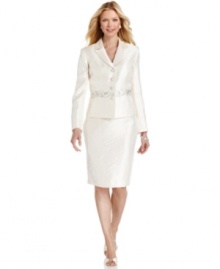 You're sure to shine for any special occasion in Kasper's skirt suit. Elegant embroidery at the waist and shantung fabric offer luxe touches to this tailored classic. You're sure to shine for any special occasion in Kasper's skirt suit. Elegant embroidery at the waist and shantung fabric offer luxe touches to this tailored classic.