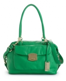 Trendy elegance: gleaming goldtone hardware and a thick braided detachable strap add functionality to this fashion-forward satchel by Marc Fisher. Trendy elegance: gleaming goldtone hardware and a thick braided detachable strap add functionality to this fashion-forward satchel by Marc Fisher.