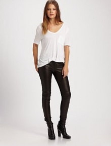 A sleek, sexy pairing of leather and ponte knit hugs the body in an ultra-slim fit.THE FITSlim fitRise, about 9Inseam, about 32THE DETAILSZip flyFive-pocket styleLeather/viscose/nylon/spandexDry clean by a leather specialistImported A sleek, sexy pairing of leather and ponte knit hugs the body in an ultra-slim fit.THE FITSlim fitRise, about 9Inseam, about 32THE DETAILSZip flyFive-pocket styleLeather/viscose/nylon/spandexDry clean by a leather specialistImported