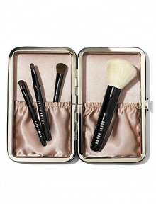 For flawless makeup application wherever you go, we kitted our travel brush set with 4 tools of the trade (in totable sizes). Inspired by Bobbi's Caviar & Oyster Collection, this limited edition set feels chic yet edgy in a sleek leather-like case. No need to wrap, this set comes in a Bobbi Brown gift box covered in a pretty pearl print. Set includes: Mini Face Blender Brush; Mini Eye Shadow/ Ultra Fine Eyeliner Brush; New Mini Smokey Eye Liner Brush; Mini Lip Brush with cap. Made in USA. For flawless makeup application wherever you go, we kitted our travel brush set with 4 tools of the trade (in totable sizes). Inspired by Bobbi's Caviar & Oyster Collection, this limited edition set feels chic yet edgy in a sleek leather-like case. No need to wrap, this set comes in a Bobbi Brown gift box covered in a pretty pearl print. Set includes: Mini Face Blender Brush; Mini Eye Shadow/ Ultra Fine Eyeliner Brush; New Mini Smokey Eye Liner Brush; Mini Lip Brush with cap. Made in USA.
