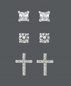 Amp up your accessory collection with three times the shine! B. Brilliant's scintillating stud set features round-cut cubic zirconias (1/2 ct. t.w.), square-cut cubic zirconias (1/2 ct. t.w.) and cubic zirconia-decorated crosses (1/5 ct. t.w.). Crafted in sterling silver. Approximate round stud diameter: 4 mm. Approximate square stud diameter: 4 mm. Approximate cross diameter: 1/2 inch.