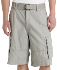 A belt at the waist gives these relaxed fit cargo shorts from Levi's plenty of casual style. A belt at the waist gives these relaxed fit cargo shorts from Levi's plenty of casual style.
