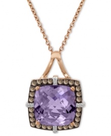 The total package. Le Vian's stunning cushion-cut amethyst pendant (4-1/2 ct. t.w.) pops against a frame of round-cut chocolate diamonds (1/4 ct. t.w.) and white diamond accents. Set in 14k rose gold. Approximate length: 18 inches. Approximate drop: 3/4 inch. The total package. Le Vian's stunning cushion-cut amethyst pendant (4-1/2 ct. t.w.) pops against a frame of round-cut chocolate diamonds (1/4 ct. t.w.) and white diamond accents. Set in 14k rose gold. Approximate length: 18 inches. Approximate drop: 3/4 inch.