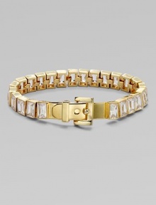 A contemporary buckle closure adds interest to this cubic zirconia baguette tennis bracelet. Cubic zirconiaBrassLength, about 7 to 7.25 adjustableBuckle closureImported A contemporary buckle closure adds interest to this cubic zirconia baguette tennis bracelet. Cubic zirconiaBrassLength, about 7 to 7.25 adjustableBuckle closureImported