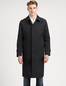 Classic balmacaan styling in a water-resistant microfiber, a tailored all-weather staple.Point collarButton frontSlash pocketsAbout 44 from shoulder to hemMicro-polyesterDry cleanImported Classic balmacaan styling in a water-resistant microfiber, a tailored all-weather staple.Point collarButton frontSlash pocketsAbout 44 from shoulder to hemMicro-polyesterDry cleanImported