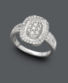Nothing spells out glamour more than a vintage-inspired design accentuated with diamonds. This intricate style features round and baguette-cut diamonds (3/4 ct. t.w.) set in 14k white gold. Nothing spells out glamour more than a vintage-inspired design accentuated with diamonds. This intricate style features round and baguette-cut diamonds (3/4 ct. t.w.) set in 14k white gold.