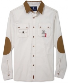 Get funky in this vintage-inspired button down by Rocawear, with heritage-inspired elbow patches and a flattering fit. Get funky in this vintage-inspired button down by Rocawear, with heritage-inspired elbow patches and a flattering fit.