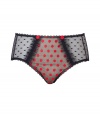 Get the sultry glamorous look of a vintage 1950s pin up girl in Von Follies by Dita Von Teeses black mesh high-waisted briefs, detailed with ruffled trim and fun red embroidered dots - perfect for giving as a saucy holiday gift! - Embroidered red dots on front, sheer black and nude mesh front panel with sheer black ruffled mesh trim, dotted mesh sides and back, scalloped lace trim, ruched back detail - High-waisted, extra full coverage - Wear with the matching balconette bra for a seriously seductive look