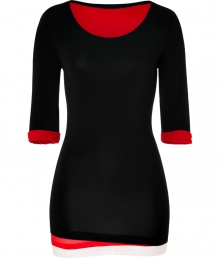 Chic black double layer top from Donna Karan - This luxurious basic packs double the style - Two-layers with contrasting red underneath, scoop neck, figure-hugging fit - Pair with skinny jeans, an oversized cardigan, and over-the-knee boots