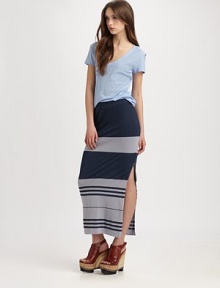 Boldly striped maxi skirt has a comfy elastic waistband and a sultry side slit. Elastic waistbandSide slitAbout 37 from natural waist58% polyester/21% model/21% supimaMachine washMade in USAModel shown is 5'10 (177cm) wearing US size 2. Boldly striped maxi skirt has a comfy elastic waistband and a sultry side slit. Elastic waistbandSide slitAbout 37 from natural waist58% polyester/21% model/21% supimaMachine washMade in USAModel shown is 5'10 (177cm) wearing US size 2.