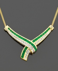 Light up the room with a lovely necklace featuring round-cut emeralds (1-1/4 ct. t.w.) and round-cut diamonds (1/4 ct. t.w.). Set in 14k gold. Chain measures 16 inches; drop measures 1-1/4 inches. Light up the room with a lovely necklace featuring round-cut emeralds (1-1/4 ct. t.w.) and round-cut diamonds (1/4 ct. t.w.). Set in 14k gold. Chain measures 16 inches; drop measures 1-1/4 inches.