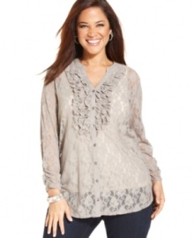 Delight from desk to dinner in Style&co.'s lace plus size top, accented by a ruffled front-- it's an instant classic!