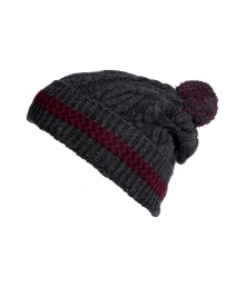 Inject an edge of old-school cool into your winter look with Burberry Londons pom-pom beanie - Two-tone pom-pom, ribbed brim with claret stripe, leather logo tag - Wear with puffy down jackets or sleek tailored pea coats Inject an edge of old-school cool into your winter look with Burberry Londons pom-pom beanie - Two-tone pom-pom, ribbed brim with claret stripe, leather logo tag - Wear with puffy down jackets or sleek tailored pea coats