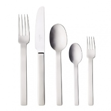 Modern and clean, this brushed stainless steel flatware features a linear silhouette that easily pairs with contemporary dinnerware. Modern and clean, this brushed stainless steel flatware features a linear silhouette that easily pairs with contemporary dinnerware.