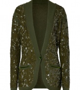 Shimmer into new season splendor in LWren Scotts allover sequined cashmere cardigan, exquisitely crafted with rich olive caviar beads - Ribbed knit shawl collar, long sleeves, ribbed knit cuffs and trim, velvet trimmed front slit pockets, single velvet button closure - Fitted - Pair with slim-fitting separates and streamlined leather accessories