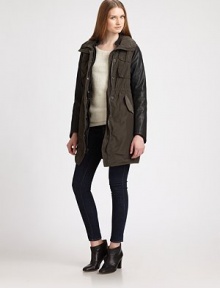 Utility-chic gets a contemporary update in this cinchable parka style finished with rich leather sleeves.Zip-out hood in collarSnap-button placket over zipper frontChest pocketsDrawstring waistFlap pocketsAbout 34 from shoulder to hemBody: polyesterTrim: leatherDry clean by a leather specialistImportedModel shown is 5'10 (177cm) wearing US size 2. Utility-chic gets a contemporary update in this cinchable parka style finished with rich leather sleeves.Zip-out hood in collarSnap-button placket over zipper frontChest pocketsDrawstring waistFlap pocketsAbout 34 from shoulder to hemBody: polyesterTrim: leatherDry clean by a leather specialistImportedModel shown is 5'10 (177cm) wearing US size 2.