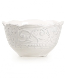 Revive the grace and charm of another era with Versailles Maison's Blanc Amelie cereal bowl. A rich pattern is entirely embossed on classic dinnerware finished with a soft white glaze and distressed detail. Revive the grace and charm of another era with Versailles Maison's Blanc Amelie cereal bowl. A rich pattern is entirely embossed on classic dinnerware finished with a soft white glaze and distressed detail.