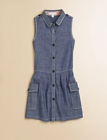 Soft chambray in a sophisticated style, with big buttons, contrast topstitching and a shapely dropped waist.Rounded shirt collarButton shoulder epaulettesSleevelessButton frontDropped waistPleated skirtOversized flap and patch pocketsCottonMachine washImported Please note: Number of buttons may vary depending on size ordered. Soft chambray in a sophisticated style, with big buttons, contrast topstitching and a shapely dropped waist.Rounded shirt collarButton shoulder epaulettesSleevelessButton frontDropped waistPleated skirtOversized flap and patch pocketsCottonMachine washImported Please note: Number of buttons may vary depending on size ordered.