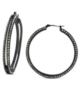Subtle chic. BCBGeneration's hoop earrings are crafted from hematite-tone mixed metal with crystal pave accents adding a lustrous touch. Approximate drop: 1-3/4 inches.