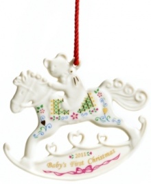 Take the reins of your child's first Christmas and make it unforgettable with this 2011 rocking horse ornament from Lenox. In ivory porcelain with cheery detail and Baby's First Christmas in gold, it's something he or she can treasure forever. Qualifies for Rebate Take the reins of your child's first Christmas and make it unforgettable with this 2011 rocking horse ornament from Lenox. In ivory porcelain with cheery detail and Baby's First Christmas in gold, it's something he or she can treasure forever. Qualifies for Rebate