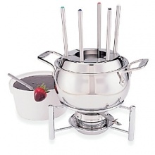The All-Clad fondue set in in stainless steel and comes with a ceramic insert for dessert sauces and cheese. Includes 6 fondue forks. The All-Clad fondue set in in stainless steel and comes with a ceramic insert for dessert sauces and cheese. Includes 6 fondue forks.