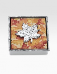 A cast maple leaf holds down a set of leaf-print napkins in a matching aluminum holder. Handmade Caspari napkins included 1½H X 5¾W X 5¾D Wipe clean Imported A cast maple leaf holds down a set of leaf-print napkins in a matching aluminum holder. Handmade Caspari napkins included 1½H X 5¾W X 5¾D Wipe clean Imported