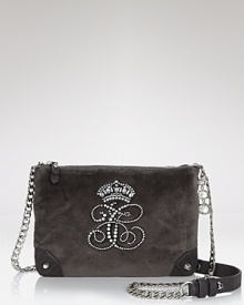 Size down and glam up with this lush, velour crossbody bag from Juicy Couture, punctuated by leather straps and rhinestone detailing. Size down and glam up with this lush, velour crossbody bag from Juicy Couture, punctuated by leather straps and rhinestone detailing.