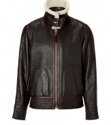Ultra-stylish The Aviator brown shearling leather jacket - Channel old Hollywood sophistication in this updated classic bomber - Shearling-lined jacket with a buckle-detailed high neck and zip closure - Style with distressed jeans, a cashmere pullover, and motorcycle boots for urbane cool - Try with slim trousers and trainers