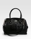 A glossy style in patent crocodile embossed leather with a versatile detachable strap.Double top handles, 6½ dropDetachable chain and patent crocodile embossed leather shoulder strap, 12½ dropMagnetic snap closureOne zip and two open inner compartmentsOne inside zip pocketTwo inside open pocketsFully lined13W X 9H X 7DImported
