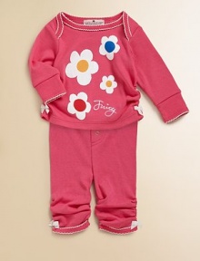 Adorned with fun and funky flowers, this sweet and girlie set will make her smile.Envelope necklineLong sleevesPullover styleElastic waistband with button detailScalloped trim on neck, cuffs and anklesSide-ruched anklesCottonMachine washImportedAdditional InformationKid's Apparel Size Guide 