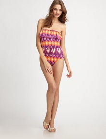 Big, bold color creates an eye-catching backdrop for this ultra-feminine, ultra-chic swim style. Ruffled bandeau topSupportive shelf braDrawstring waistFully lined80% nylon/20% spandexHand washMade in USA of Italian fabric Big, bold color creates an eye-catching backdrop for this ultra-feminine, ultra-chic swim style. Ruffled bandeau topSupportive shelf braDrawstring waistFully lined80% nylon/20% spandexHand washMade in USA of Italian fabric