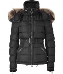 Stay warm in high style with this ultra-luxe down jacket from Belstaff - Stand collar, fur-trimmed hood with snaps and toggle, front zip closure, belted waist, zip pockets and cuffs - Style with skinny jeans and over-the-knee boots