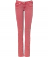 Colorful jeans are de rigueur this season, and True Religions red pants offer a chic twist on a summer staple - Faded, antique rinse has a look of well-worn cool - Low rise, with belt loops, zip fly and button closure - Flattering signature  triangular flap pockets at rear and right hip - Straight, slim leg - Pair with  t-shirts, button downs and silk blouses