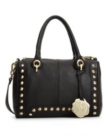 A subtle kick of western-inspired detailing adds a playful feel to the Michelle Satchel from Vince Camuto. This structured leather satchel has a classic shape with gilded metal studs and an optional crossbody strap. A subtle kick of western-inspired detailing adds a playful feel to the Michelle Satchel from Vince Camuto. This structured leather satchel has a classic shape with gilded metal studs and an optional crossbody strap.