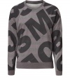 Logo-detailed and ultra-cool, this bold sweatshirt from Marc by Marc Jacobs adds a stylish jolt to your casual look - Crew neck, long raglan sleeves, allover logo and stripe print, banded hem, slim fit - Wear with sport pants, jeans, or shorts