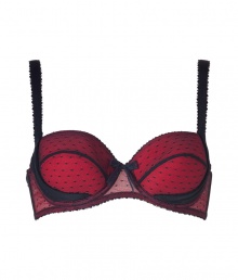 Get the sultry glamorous look of a vintage 1950s pin up girl in Von Follies by Dita Von Teeses black and luxury red spotted stretch mesh contour bra - Underwire style with wired sides, lightly padded structured cups, slinky lightweight satin detailing over sheer black hail spot stretch mesh, scalloped trim on cups, wide adjustable straps, iconic soft elastic triangle cross back detail, adjustable back hook-and-eye closures - Wear with the matching garter belt for a seriously seductive look Get the sultry glamorous look of a vintage 1950s pin up girl in Von Follies by Dita Von Teeses black and luxury red spotted stretch mesh contour bra - Underwire style with wired sides, lightly padded structured cups, slinky lightweight satin detailing over sheer black hail spot stretch mesh, scalloped trim on cups, wide adjustable straps, iconic soft elastic triangle cross back detail, adjustable back hook-and-eye closures - Wear with the matching garter belt for a seriously seductive look