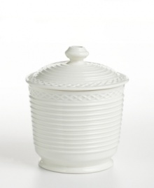 The Trousseau jar can be used to hold all your favorite bathroom knickknacks. The all-white textured look makes it an easy fit with any type of décor. The Trousseau jar can be used to hold all your favorite bathroom knickknacks. The all-white textured look makes it an easy fit with any type of décor.