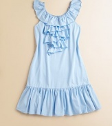 A cute drop-waist dress in a soft cotton blend is finished with ruffles for a pretty look.Ruffled scoopneckSleevelessPullover styleDrop-waistRuffled hem60% cotton/40% modalMachine washImported