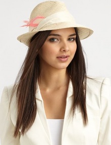 A casual style with a supple, twisted suede band and bright feather detail. StrawSuedeFeatherBrim, about 2Hand washMade in USA of imported fabrics A casual style with a supple, twisted suede band and bright feather detail. StrawSuedeFeatherBrim, about 2Hand washMade in USA of imported fabrics